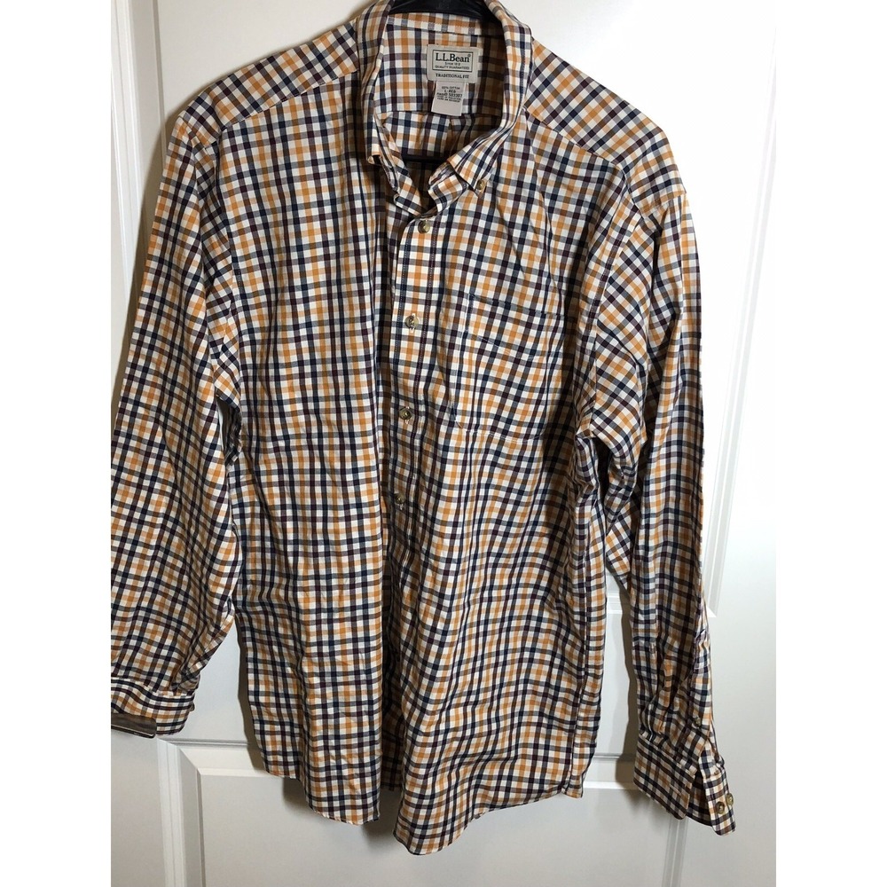 L.L. Bean Mens Shirt Large Brown Check Wrinkle Free Twill Casual Career